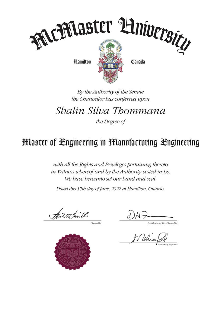 McMaster University M.Eng in Manufacturing Engineering diploma