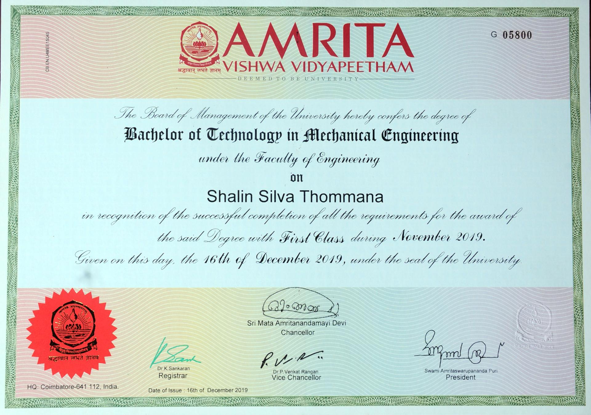 Amrita Vishwa Vidyapeetham B.Tech degree certificate